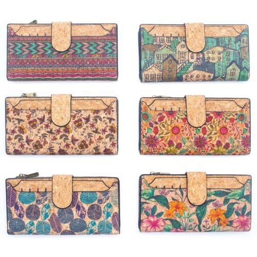 6 Natural Cork card long Wallets with Floral Print and Mosaic Patterns (6 Units Pack) HY-016-MIX-6