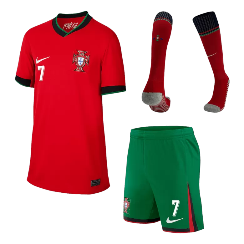 RONALDO #7 Portugal Home Kids Soccer Jerseys Full Kit EURO 2024